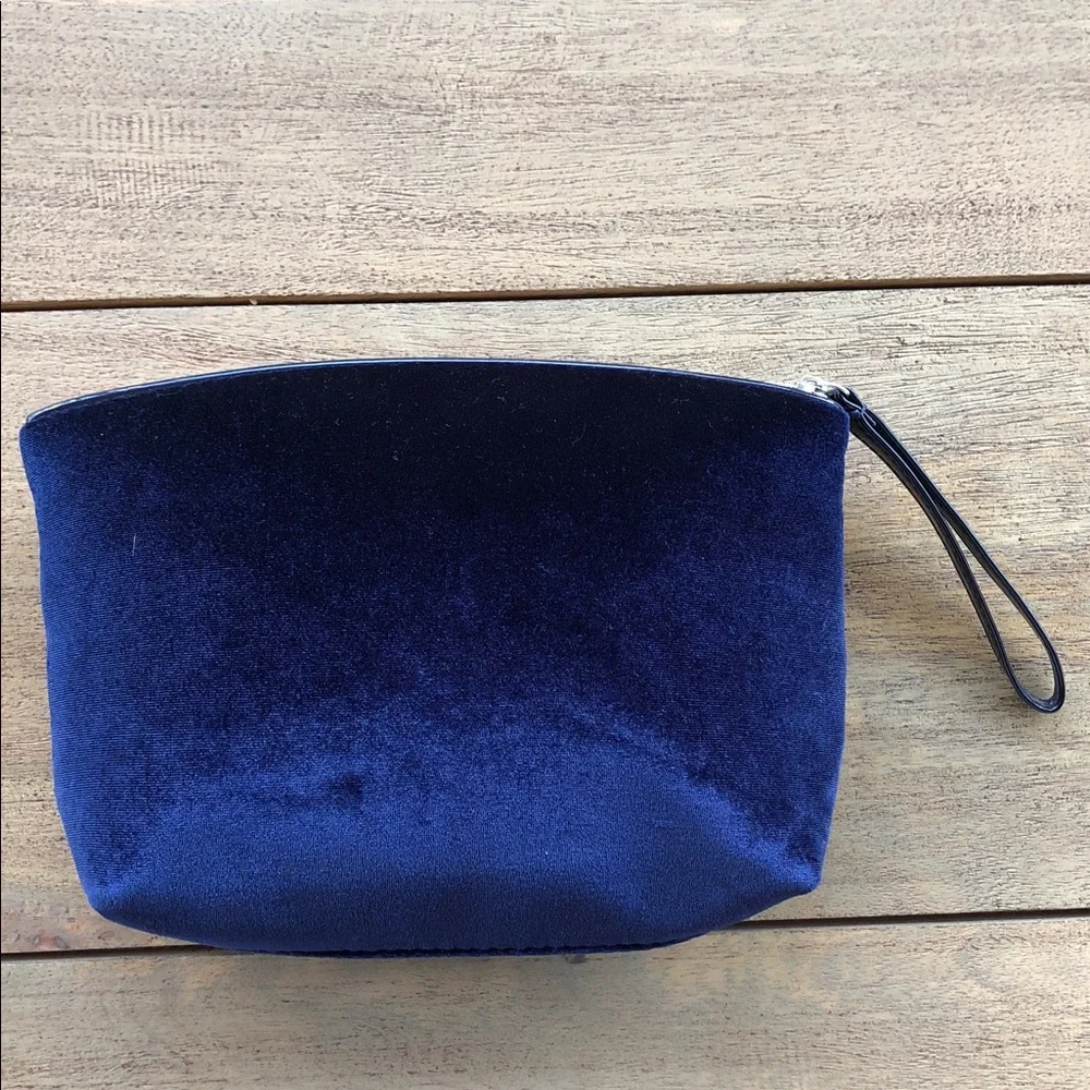 Lancome Dark Blue Velvet Luxury Makeup Cosmetics Bag Wrist Strap Zipper Clutch